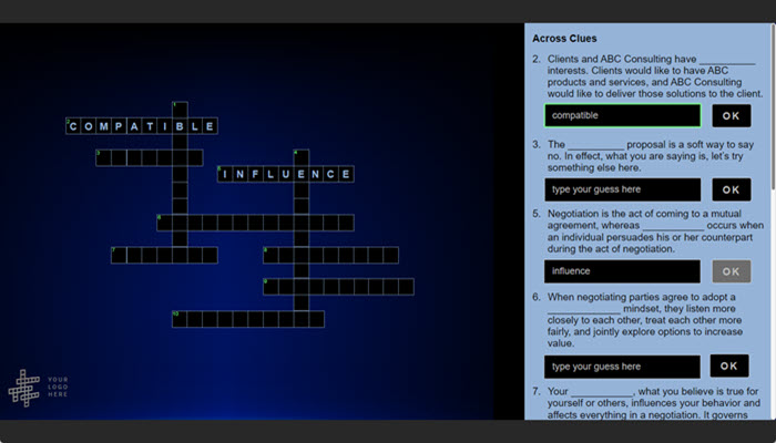This is an image of a screen taken from a crossword puzzle game. WBT courses are examples digital learning deliverables developed by HCS Learning Development.